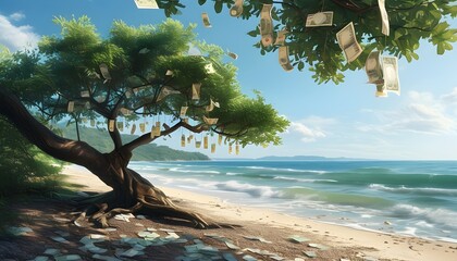 Wall Mural - Financial prosperity blooming on a tranquil beach with tree branches adorned by vibrant banknotes as leaves