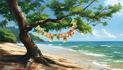 Wall Mural - Financial prosperity blooming on a tranquil beach with tree branches adorned by vibrant banknotes as leaves