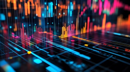 Abstract Digital Data Visualization with Neon Colored Lines and Bars