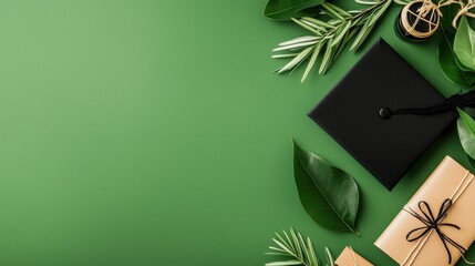 Poster - Graduation Cap  Gift Box  Green Leaves Flat Lay