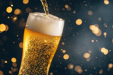 Refreshing beer being poured into a frosty glass, capturing the golden hues and effervescent bubbles against a dark background, emphasizing the crisp, refreshing nature of the drink, ai