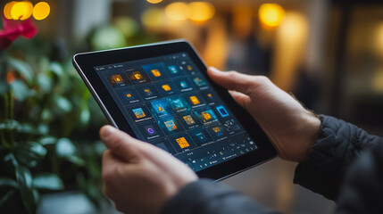 Wall Mural - a person is holding a tablet with a screen displaying a variety of apps. concept of technology and p