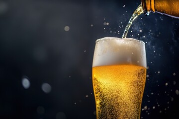 Refreshing beer being poured into a frosty glass, capturing the golden hues and effervescent bubbles against a dark background, emphasizing the crisp, refreshing nature of the drink , ai