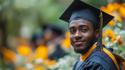 A young man wearing a black cap and gown is smiling for the camera. He is a graduate of a university