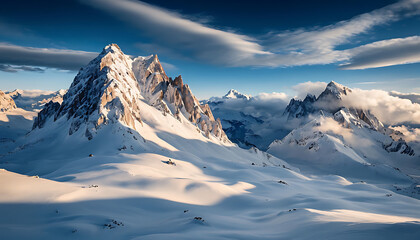 Mountain peak of the tibetan snow-capped mountains serene. Winter’s silent embrace, a beautiful panorama of the mountains at sunset