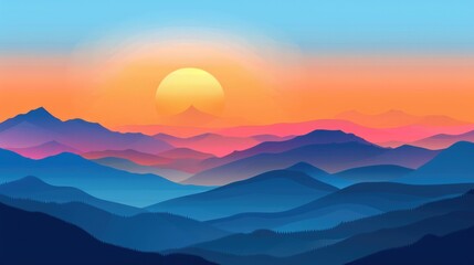 Sunrise illustration over mountains with flat isolated style for scenic views