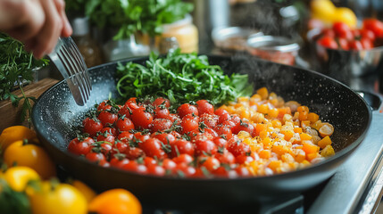 A person is cooking a dish with tomatoes, peppers, and spinach in a black pan. The dish is colorful and looks delicious