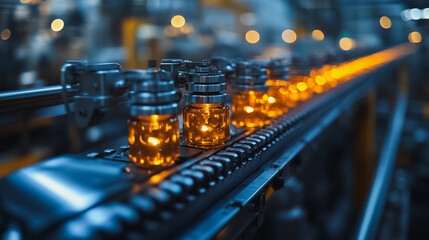 A conveyor belt with many bottles on it