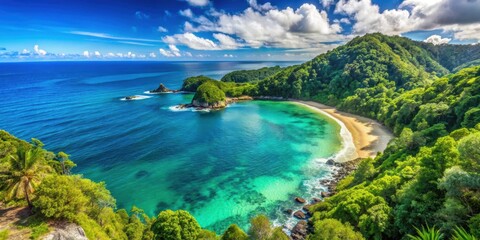 Scenic view of a coastline with lush forest and clear blue ocean , landscape, coastline, forest, ocean, water, trees