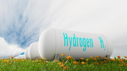 Poster - footage of hydrogen energy zero emission and flower field, 3d illustration rendering