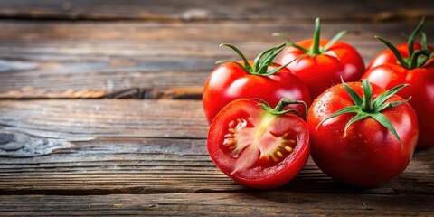 Wall Mural - Fresh juicy tomatoes cut in half on wooden table, tomato, fresh, juicy, food, half, cut, wooden table, organic, ripe, red