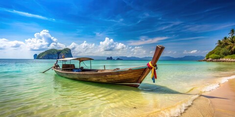 Wall Mural - Longtail boat moored on sandy beach in Thailand, Thailand, beach, longtail boat, traditional, turquoise water, tropical