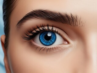 Close-up photo of a human eye with blue iris on a light background, reflecting a concept of beauty and detail. Generative AI (20)