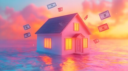 Digital illustration of a house with floating dollar symbols, representing home loan refinance, futuristic design with a clean aesthetic, gradient background