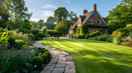 Done viwe Hard landscaping, new luxury stone patio and garden of an English home