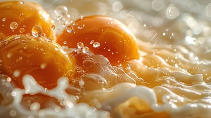 Close-up of two egg yolks splashing in milk.