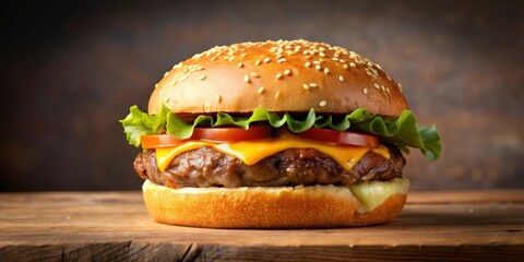 Wall Mural - Delicious beef burger with cheese on a sesame seed bun, perfect for a gourmet hamburger, fast food, or takeaway meal