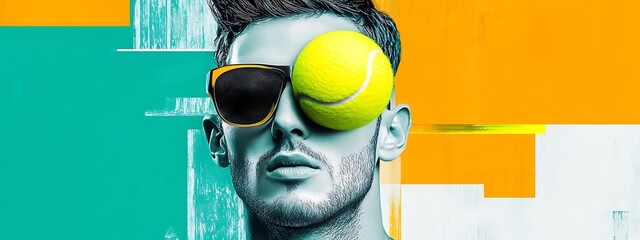 A man with a tennis ball covering his right eye and wearing yellow sunglasses. He is standing against a colorful background.