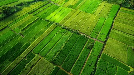 Efficiently Utilized Narrow Agricultural Landscape with Lush Green Paddy Fields and Scenic Countryside