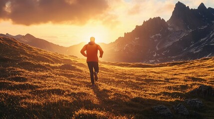 Man running towards the sunset in the mountains