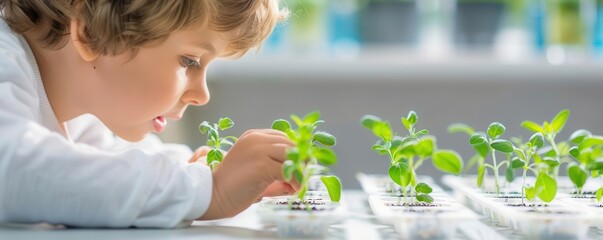 A child curiously observes and interacts with young plants in a nurturing environment, fostering a love for nature and growth.