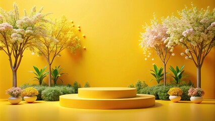 Wall Mural - Yellow podium surrounded by blooming trees and plants on a bright yellow background, podium, yellow, bright, background, flowers