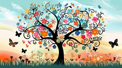 Poster - Floral tree beautiful with butterfly 