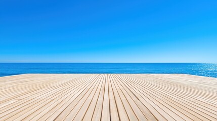 Poster - Wooden Deck Overlooking Blue Ocean with Clear Sky