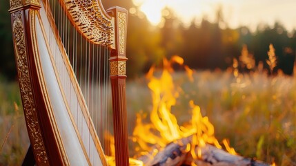 Canvas Print - Harp by a Bonfire at Sunset