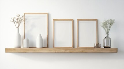 Wood floating shelf with frames and vases on white wall Storage organization for home Interior design of modern living room