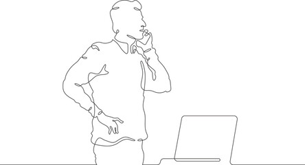 Wall Mural - Continuous one line drawing businessman talking on the phone. Man working with laptop. Working on computer. Negotiations. One continuous line isolated minimal illustration.