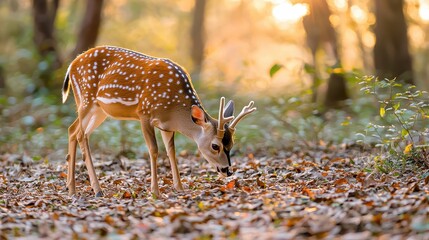 Wall Mural - Spotted Deer in Forest with Golden Sunlight