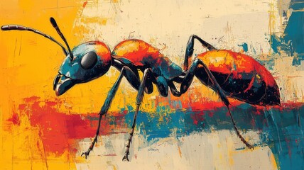 Wall Mural - An ant illustrated in Abstract Expressionism style, using bold brushstrokes and vivid colors to express its movement.