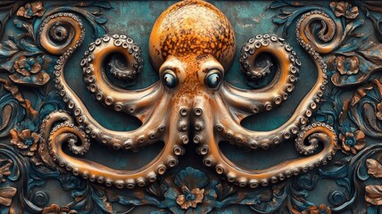 Wall Mural - Octopus rendered in Art Nouveau style, characterized by flowing lines, ornate patterns, and a touch of vintage elegance.