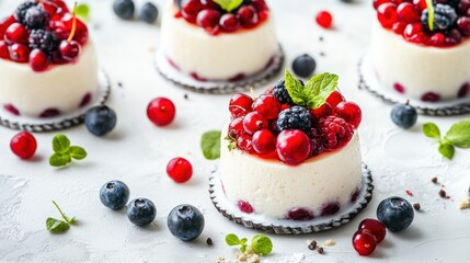 Close-up of four small, white mousse desserts topped with mixed berries and fresh mint leaves on a white background.