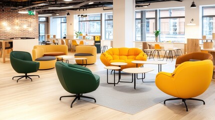 Sticker - Modern Office Lounge with Yellow and Green Armchairs and Wooden Tables