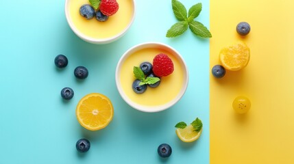 Two bowls of yellow pudding decorated with fresh blueberries, raspberries and mint leaves on a blue and yellow background.