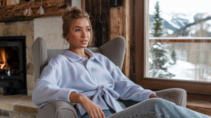 a woman sitting in a cozy armchair, relaxing by the fireplace, wearing a comfortable plaid shirt. in