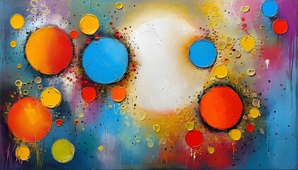 Wall Mural - vibrant abstract composition featuring a blank circle surrounded by bursts of color and textured brush strokes on a canvas backdrop