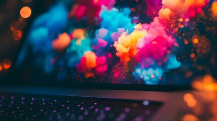 Abstract Colorful Smoke on Laptop Screen with Bokeh Lights.