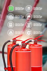 Wall Mural - Fire extinguisher with prevent icons for protection or prepare fire equipment for prevention in emergency case and safety or rescue and alarm system training concept.