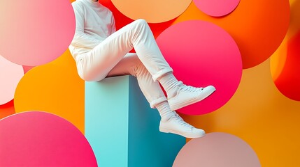 Wall Mural - A person in white clothing sits on a light blue block against a colorful background of circles.