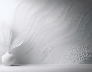 Wall Mural - Elegant white vase against a textured abstract background with flowing lines and leaf patterns, creating a serene minimalist design.