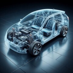 A line art 3D illustration displays a modern electric car chassis x-ray, revealing the vehicle battery in a studio environment.