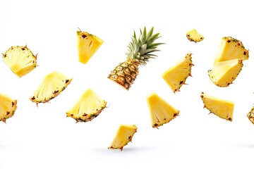 Pineapple slices and pineapple pieces levitating in air on white background. File contains clipping paths, ai