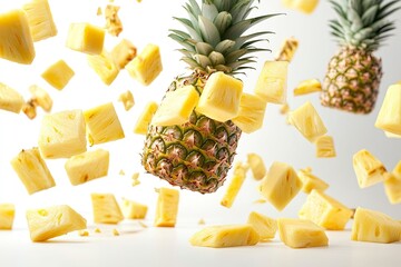 Pineapple slices and pineapple pieces levitating in air on white background. File contains clipping paths, ai