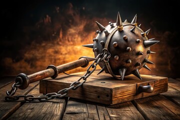 A medieval-style wooden contraption with metal pincers and a spiked sphere, ominously lit, evoking a sense of dark,