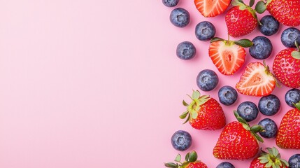 Wall Mural - Fresh Strawberries and Blueberries on Pink Background