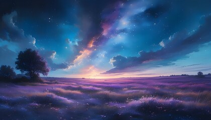 Wall Mural - Cosmic Journey through a Dusty Sky above a Mystical Field under a Blue and Purple Nebula in a Starry Night Galaxy