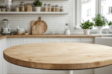 Empty beautiful round wood tabletop counter on interior in clean and bright kitchen background, Ready for display, Banner, for product montage ,  ai